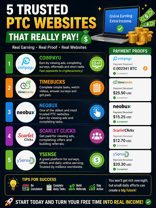 # 5 Trusted PTC Websites That Really Pay 💰Many people think online earning is fake, but some...